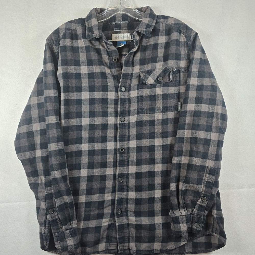 Columbia Omni-Wick Men's M Dark Grey/Black Plaid Flannel Shirt‎ Long Sleeve